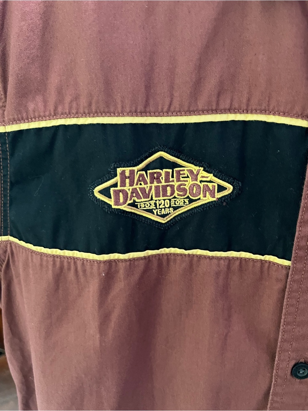 Harley-Davidson Maroon and Black Short Sleeve Button-Up Shirt with Gold Trim - Picture 3 of 7